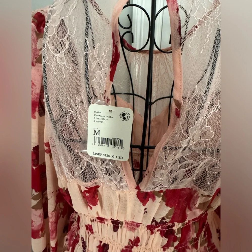 NWT Free People Daphne Romantic Floral Lace Smocked Long Sleeve Blouse Medium ❤️